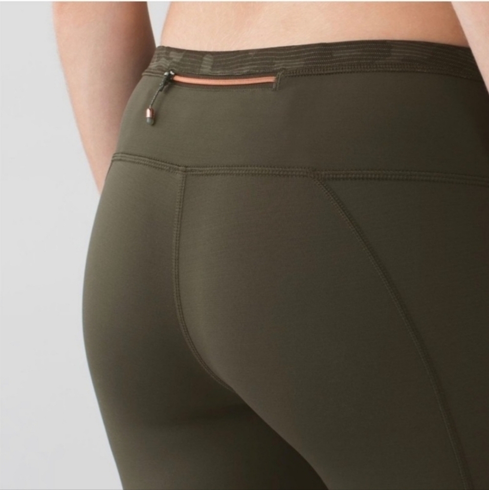 Lululemon Run for Days Camo Crop Green Leggings Rose Gold Zipper sz 8 - Picture 2 of 6